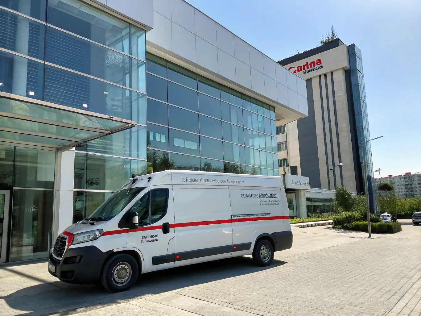 A wide shot of a Canon service van parked in front of a modern office building in Sisli, Istanbul, showcasing accessibility and local presence.