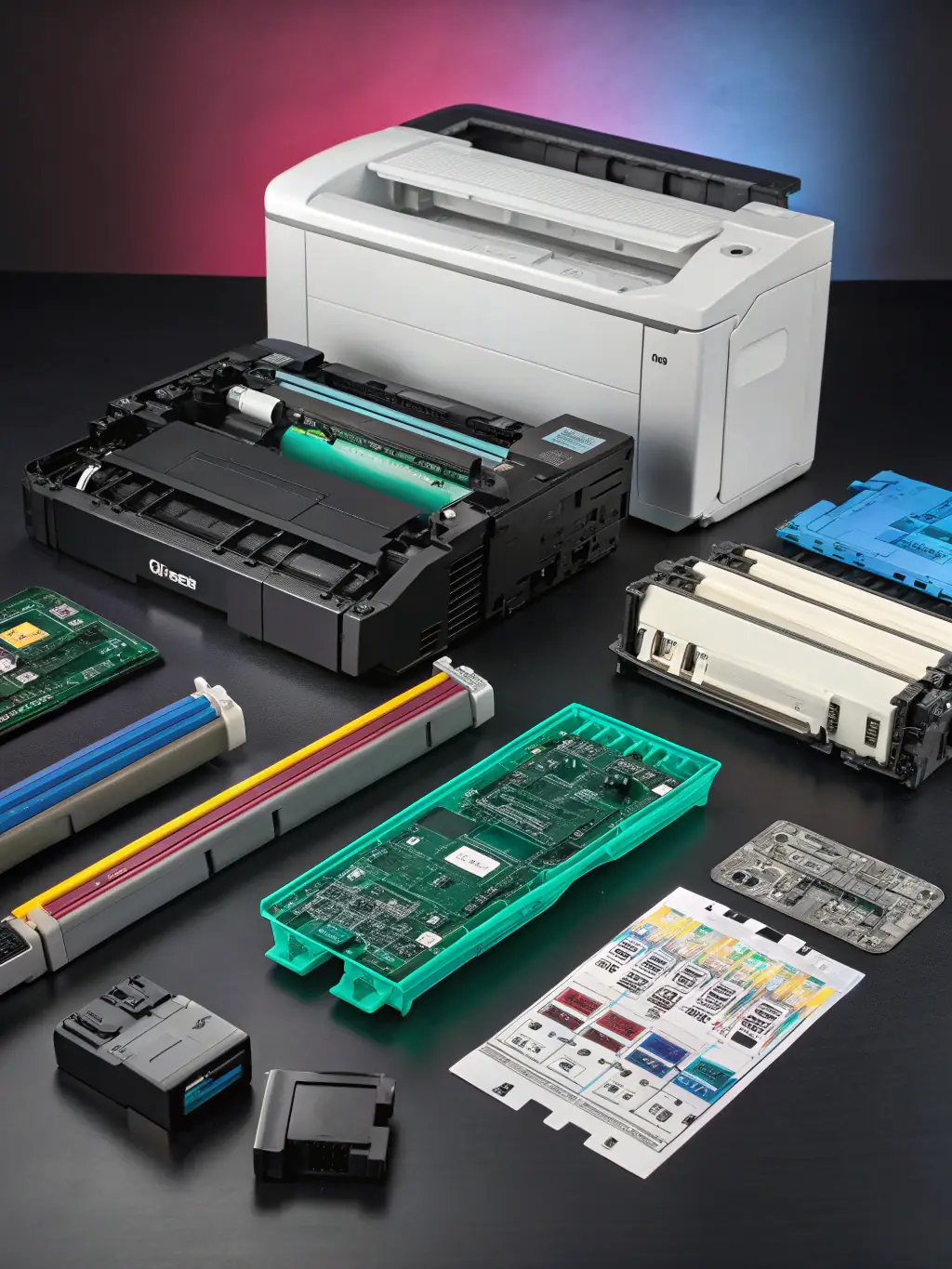 A display of genuine Canon printer parts and accessories, emphasizing the use of high-quality components.