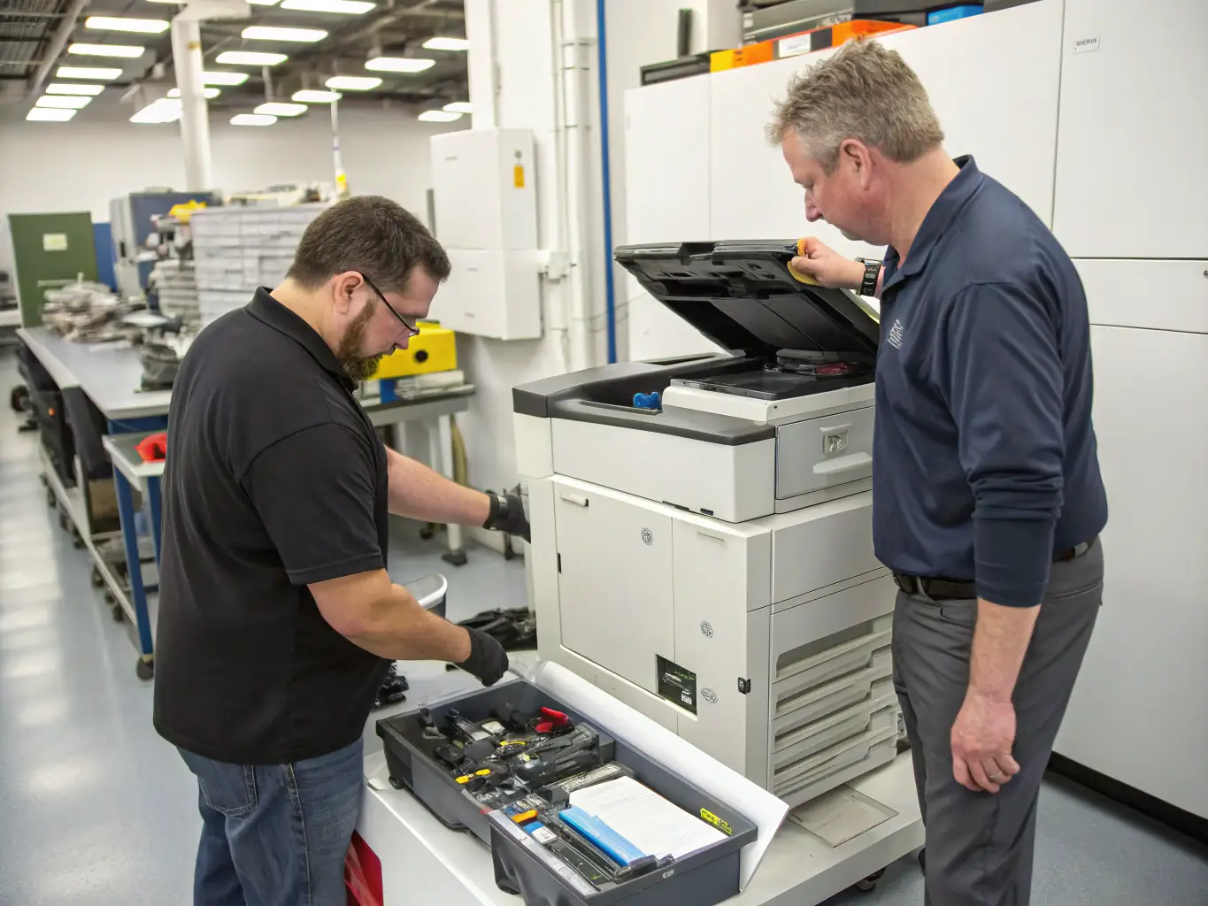 A high-angle shot of a technician meticulously repairing a Canon printer in a brightly lit service center, surrounded by specialized tools and equipment, emphasizing precision and expertise.