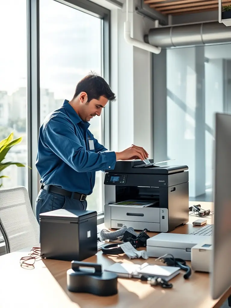 A Canon printer being serviced by a technician in a well-lit office environment, showcasing the meticulous care taken during maintenance.