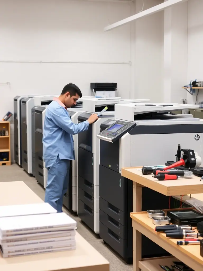 A technician repairing a Canon photocopier, with various tools and spare parts neatly arranged around the workspace.