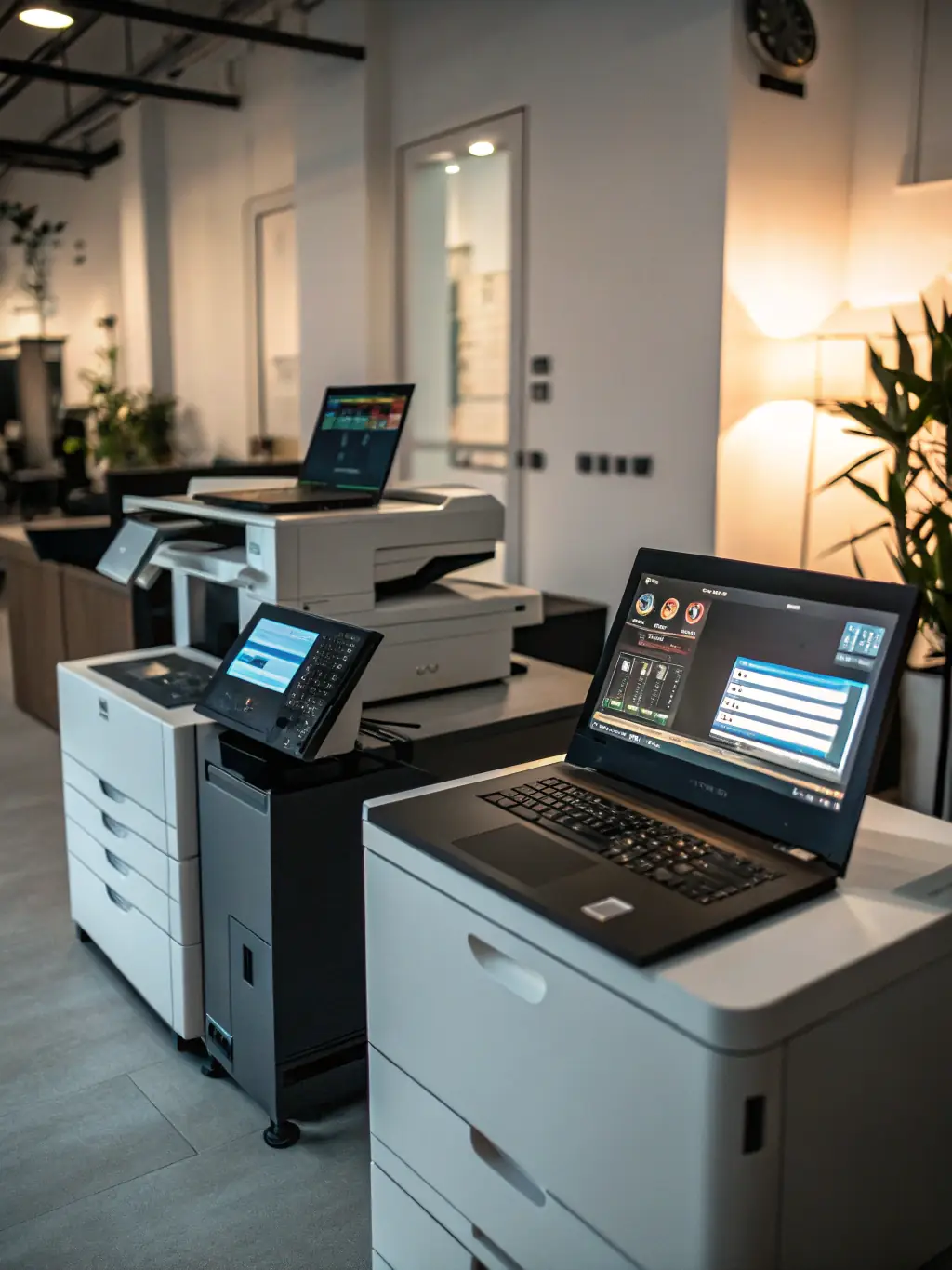 A selection of new Canon printers and photocopiers displayed in a showroom, highlighting the latest models and features.